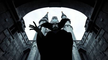 Capture the essence of a classic Disney villain conjuring a spell within an ancient castle through a captivating low-angle pe