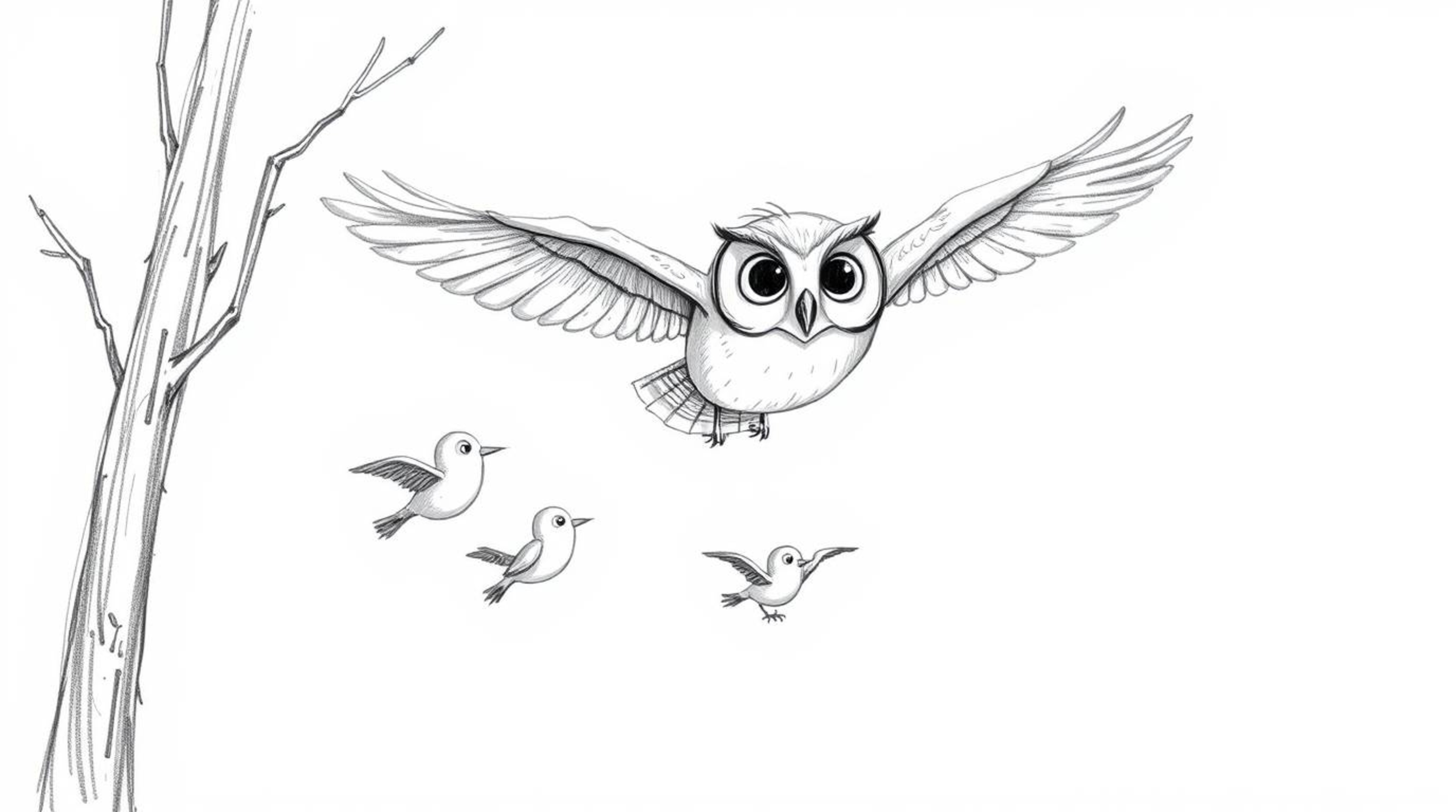 A heartwarming hand-drawn sketch in the style of Pixar depicts a gentle blind owl patiently teaching a flock of small birds t