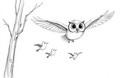 A heartwarming hand-drawn sketch in the style of Pixar depicts a gentle blind owl patiently teaching a flock of small birds t