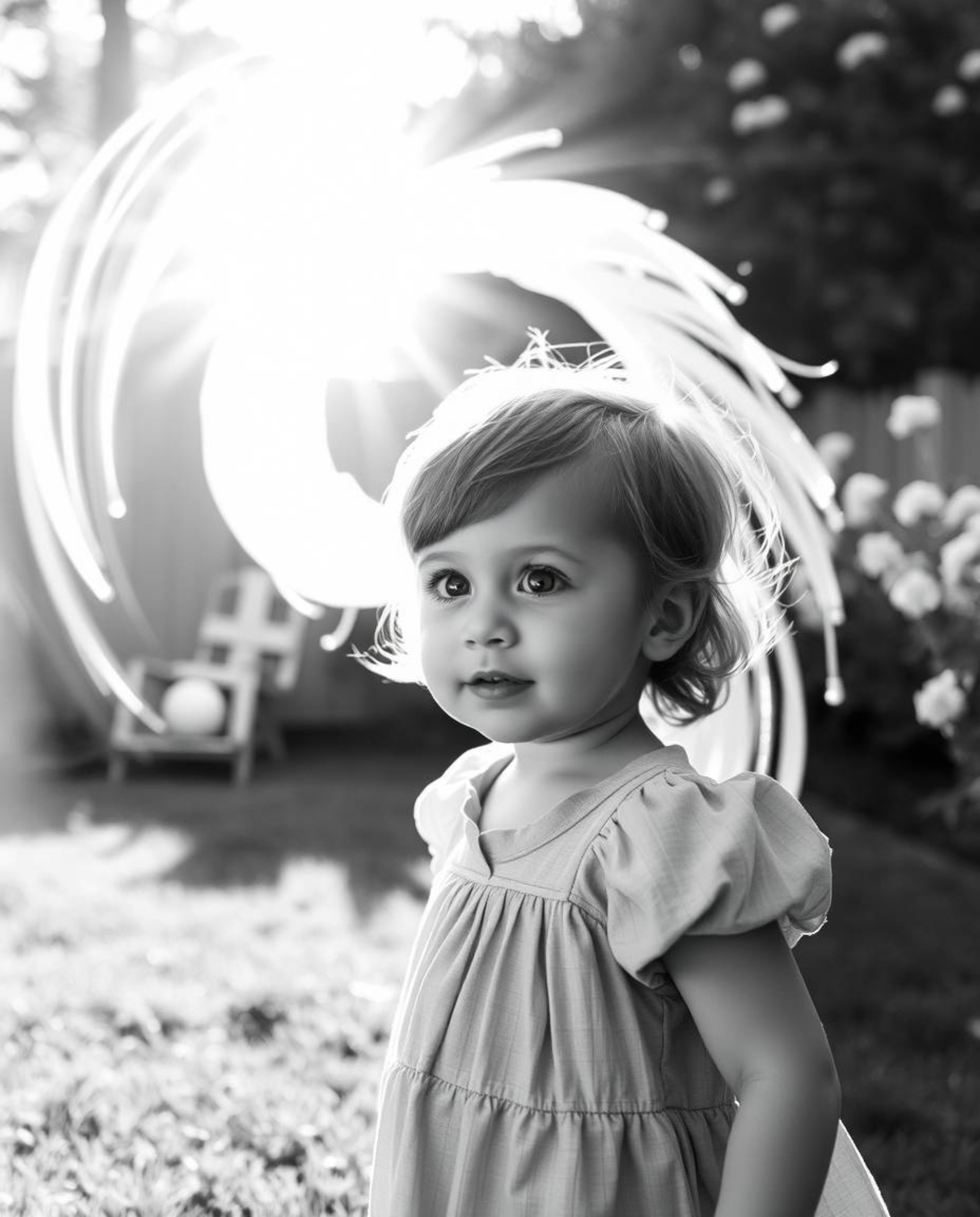 A child with rosy cheeks and curious eyes stumbles upon a swirling, ethereal portal right in their sun-drenched backyard. Thi
