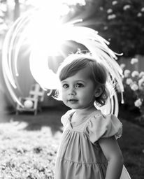 A child with rosy cheeks and curious eyes stumbles upon a swirling, ethereal portal right in their sun-drenched backyard. Thi