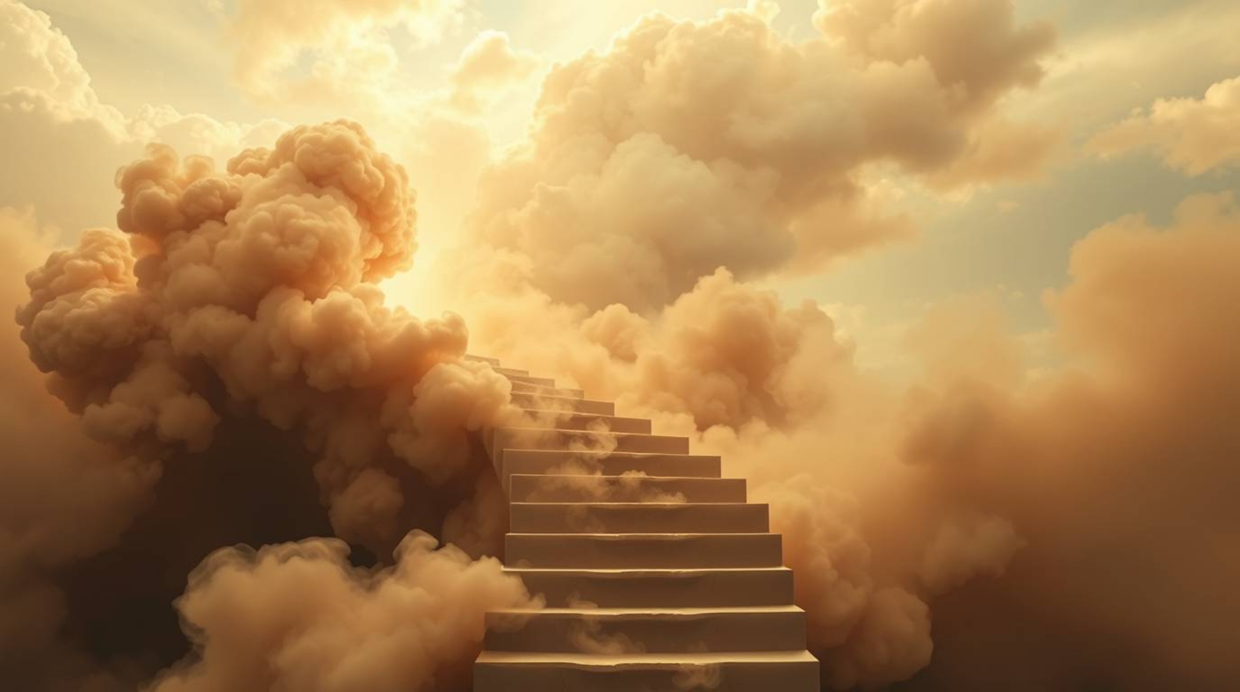 An elegant and mysterious journey to the unknown is depicted in this artwork, showcasing a winding stairway crafted from smok
