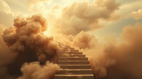An elegant and mysterious journey to the unknown is depicted in this artwork, showcasing a winding stairway crafted from smok