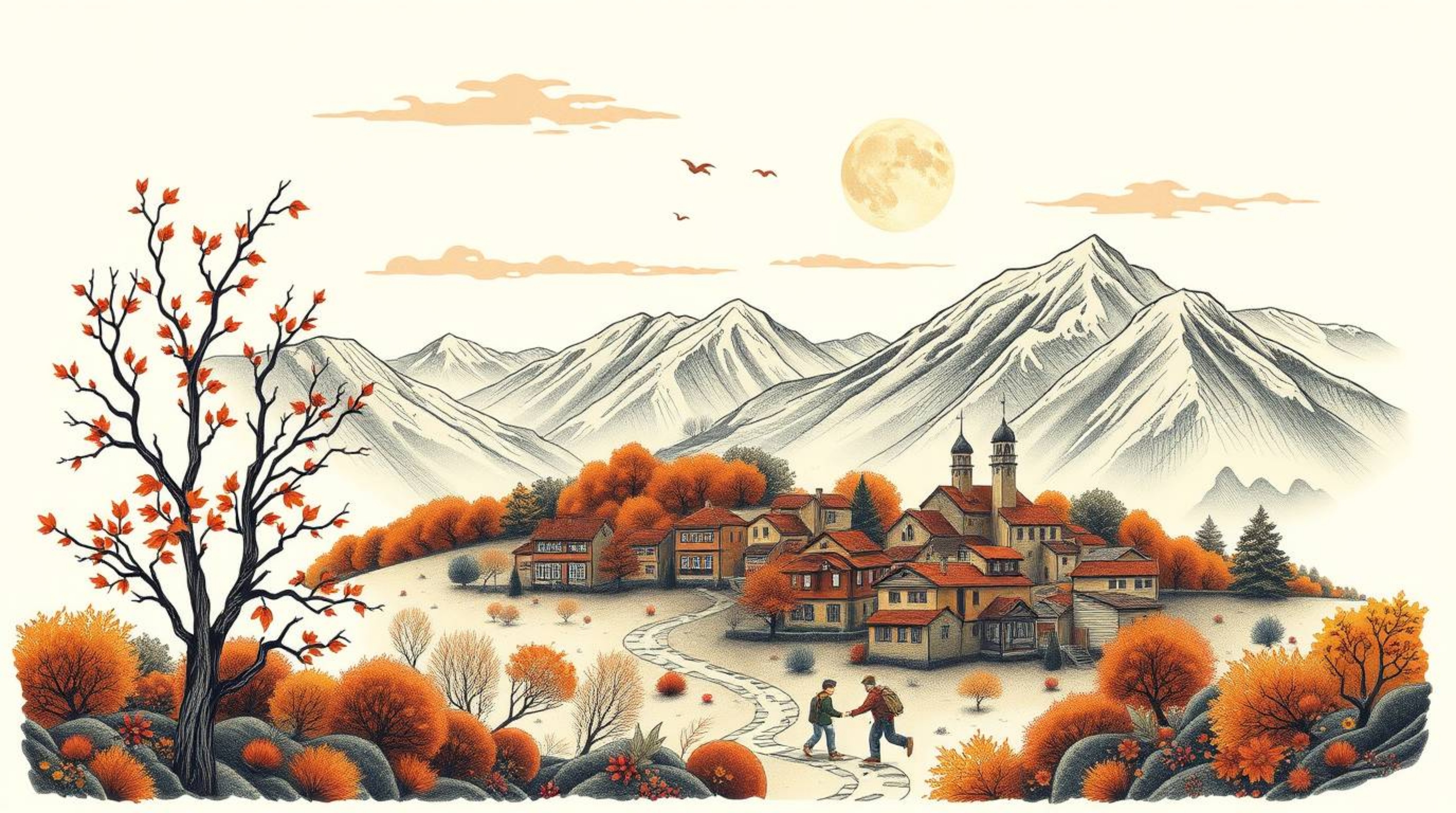 A traditional tattoo-style print showcasing a charming village nestled in a valley under a vibrant autumn sky.  The artwork f