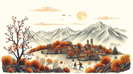 A traditional tattoo-style print showcasing a charming village nestled in a valley under a vibrant autumn sky.  The artwork f