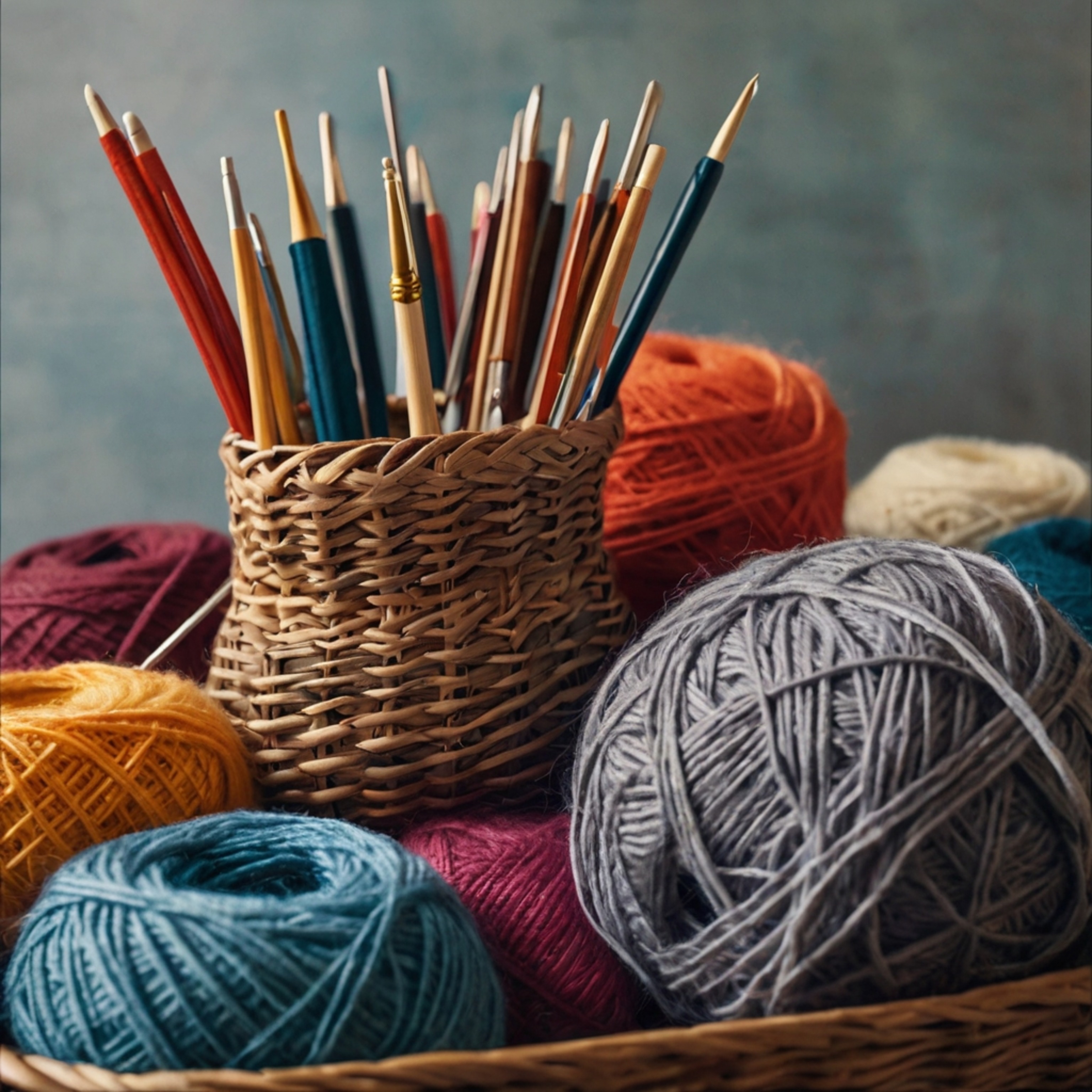 A vibrant basket brimming with colorful yarns sits invitingly next to a pair of well-used knitting needles and an open patter