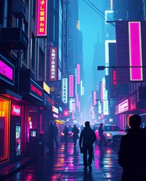Explore a pixelated glitch image depicting a cyberpunk street bathed in a neon haze, a futuristic sci-fi spectacle.  This art