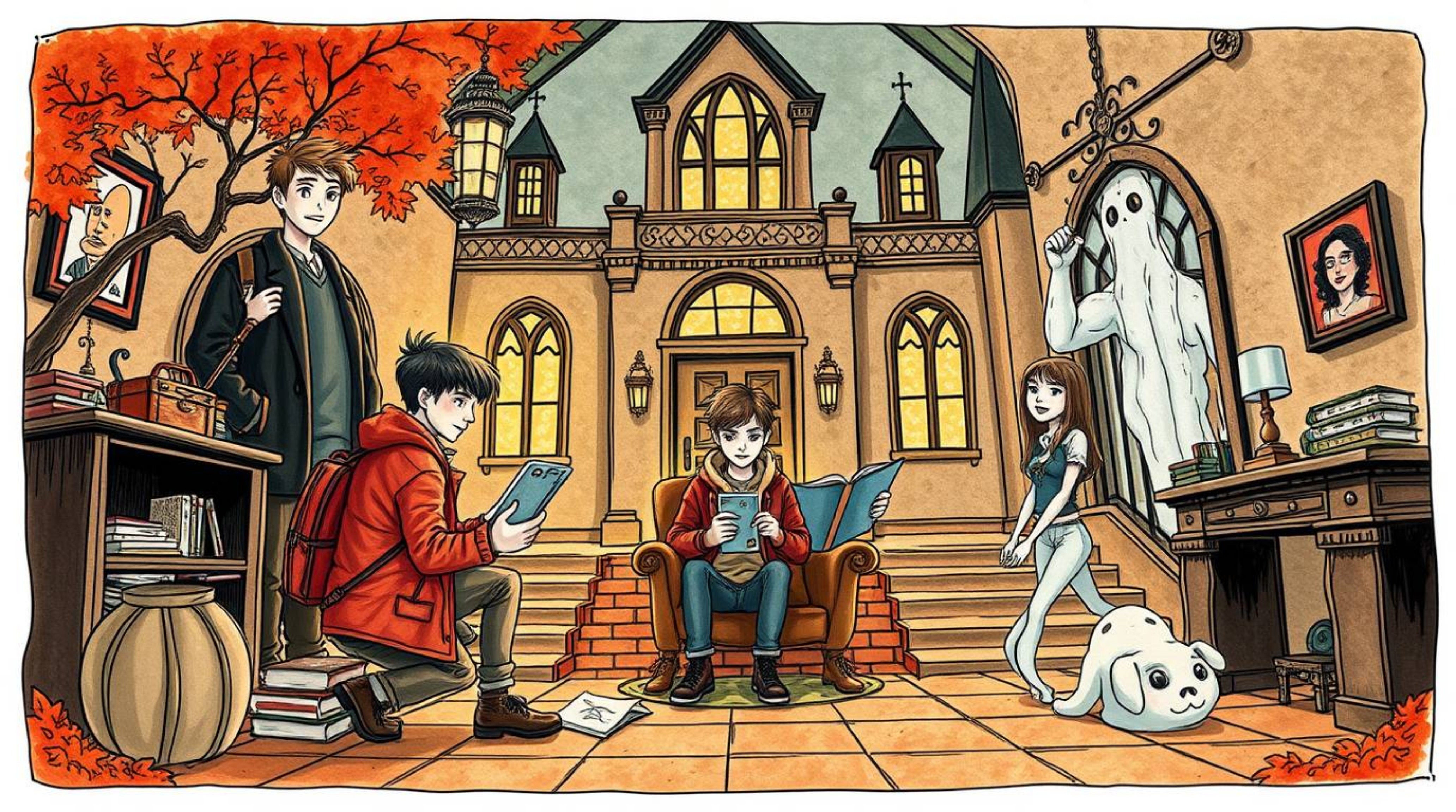 A captivating hand-drawn color sketchnote portrays a group of teenagers immersed in solving mysteries within the eerie confin