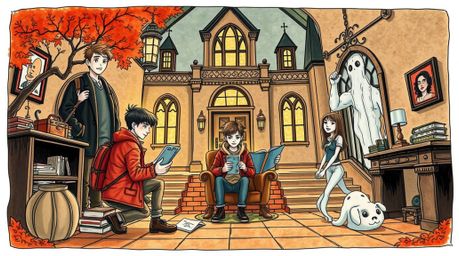 A captivating hand-drawn color sketchnote portrays a group of teenagers immersed in solving mysteries within the eerie confin