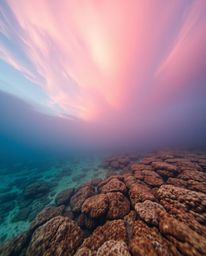 A high-angle, soft cinematic shot captures a colorful sky over a coral reef at low tide. This beautiful image features a hazy