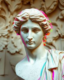 A vibrant digital painting showcases a classical sculpture infused with a striking colorful glitch effect.  Created using lay