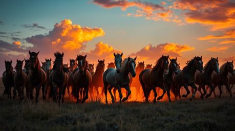 This high-resolution stock photo captures a breathtaking scene of a herd of wild horses running freely under a glowing sky, b