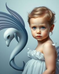 A captivating image depicting a graceful sea creature with flowing fins interacting with a poised and elegant human child. T