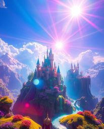 Explore a breathtaking fantasy kingdom filled with vibrant colors, bright lens flares, and light streaks. Witness majestic f