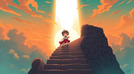 A captivating isekai anime style illustration featuring a cute and adorable lone figure ascending a stone staircase towards a