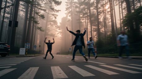 A captivating street photograph depicts a dynamic scene of a foggy forest at sunset.  Urban elements blend seamlessly with sp