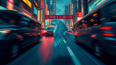 Experience a vibrant isekai anime style artwork featuring a fast-running bird speeding past bustling traffic in a rich, deep 