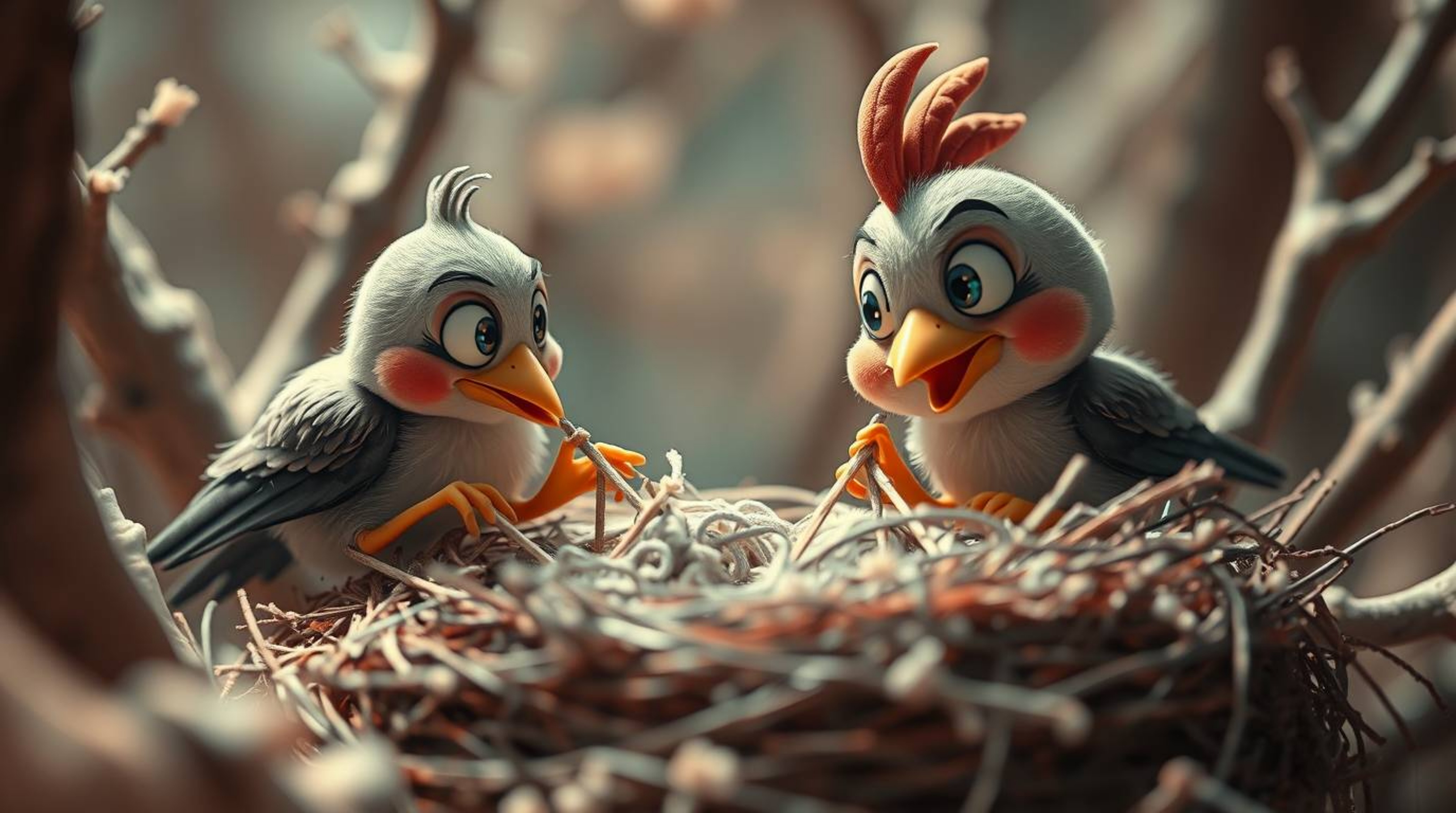 An extreme macro close-up reveals two cartoon birds meticulously constructing a nest, rendered in a classic animation style w