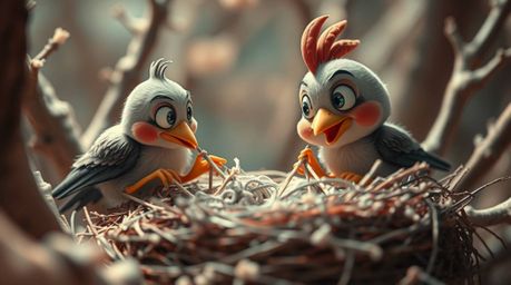 An extreme macro close-up reveals two cartoon birds meticulously constructing a nest, rendered in a classic animation style w