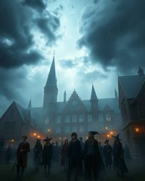 Discover a magical school brimming with young wizards, enveloped in a soft, dreamy atmosphere.  Intense dramatic weather, sto