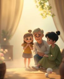 Experience a soft, dreamy atmosphere bathed in hazy, gentle light, as a heartfelt Pixar-style family reunion unfolds. This tr