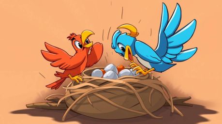 An illustration featuring two cartoon birds diligently constructing a nest, rendered in a classic animation style. The artwor