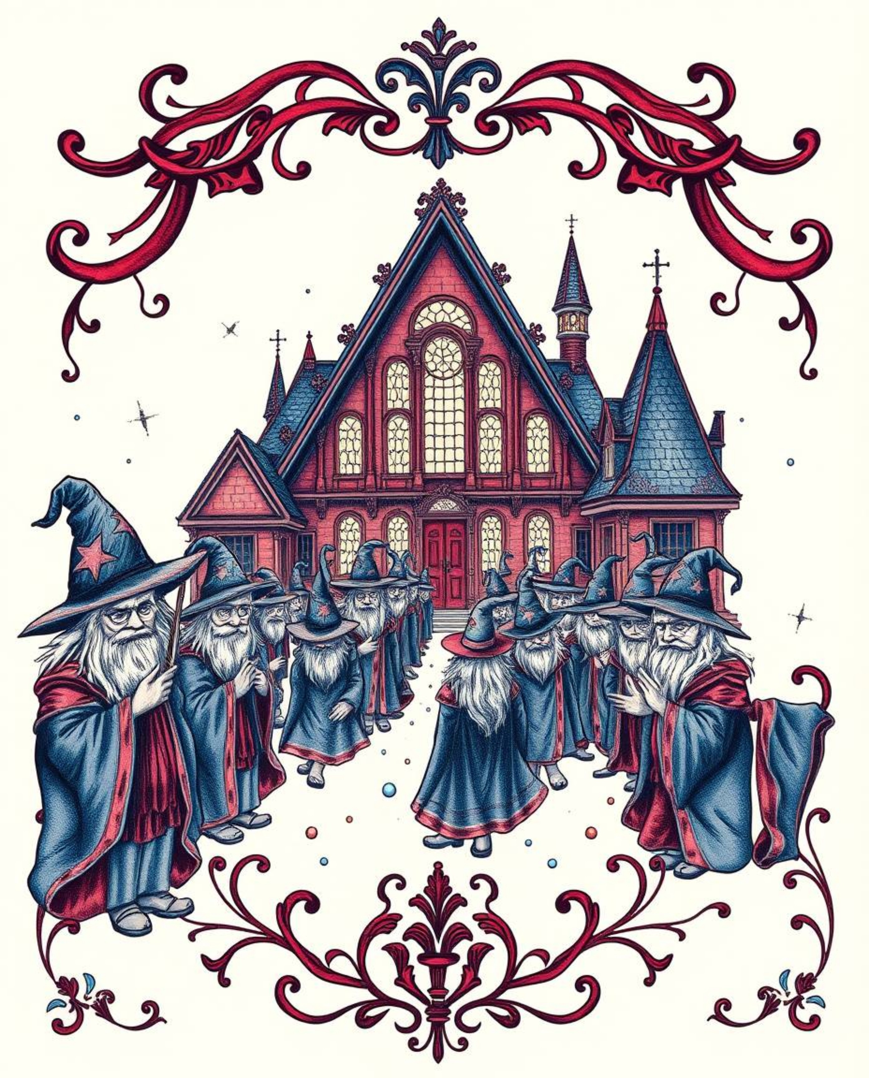This traditional tattoo art print showcases a captivating magical school teeming with young wizards. Rendered in rich burgund