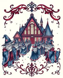 This traditional tattoo art print showcases a captivating magical school teeming with young wizards. Rendered in rich burgund