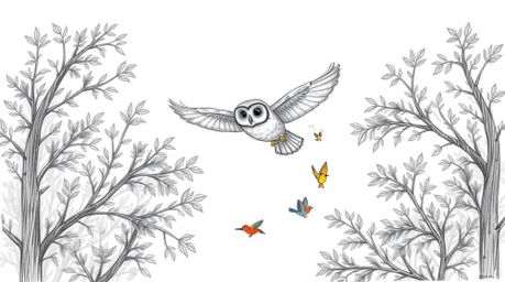 A heartwarming hand-drawn sketch depicts a blind owl gliding gracefully between densely foliaged trees, its feathers detailed