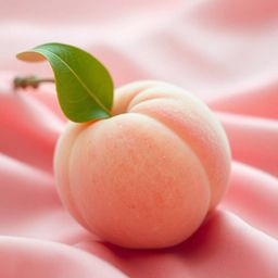 High-angle architectural photograph featuring a close-up of a soft pink peach resting on pastel pink silk. The peach exhibits