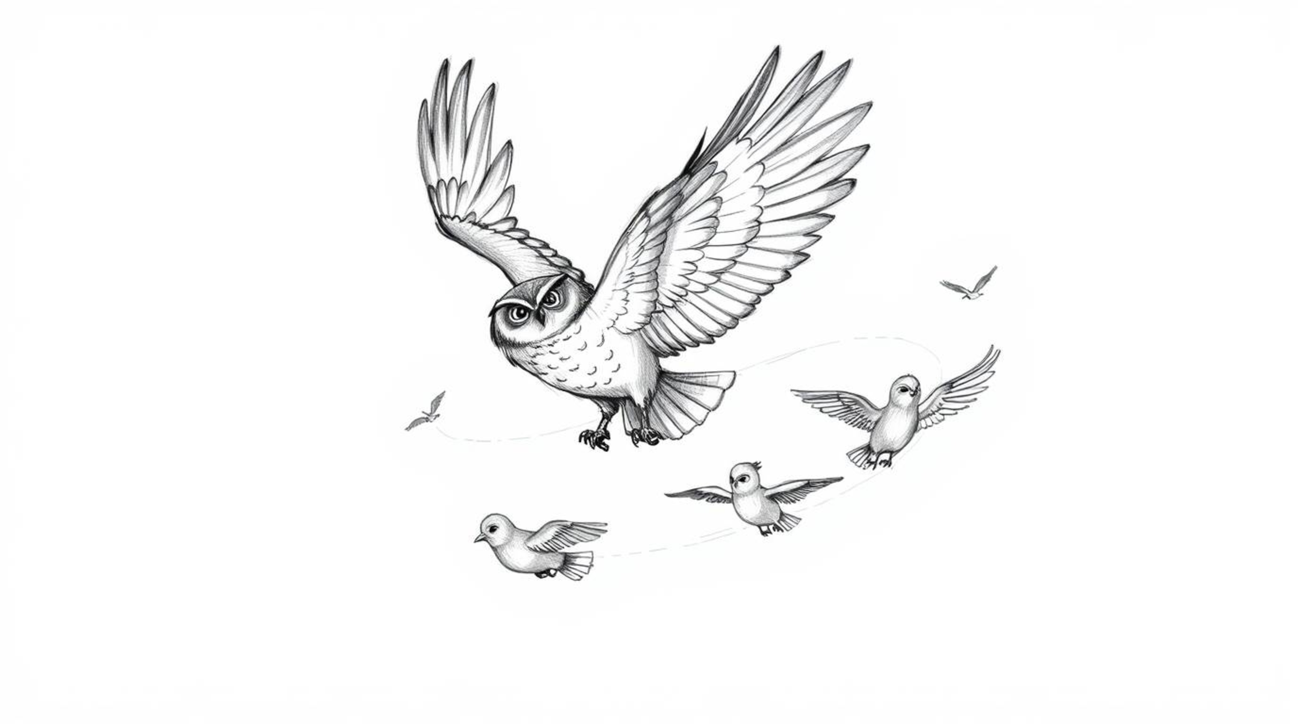 A heartwarming hand-drawn sketch reminiscent of Pixar, depicting a blind owl gracefully soaring mid-flight.  The owl, along w