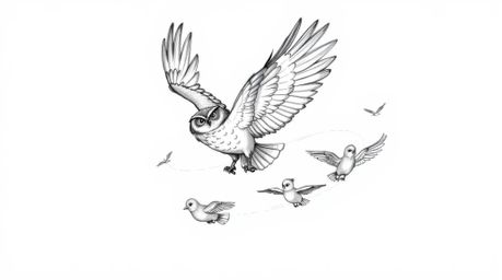 A heartwarming hand-drawn sketch reminiscent of Pixar, depicting a blind owl gracefully soaring mid-flight.  The owl, along w