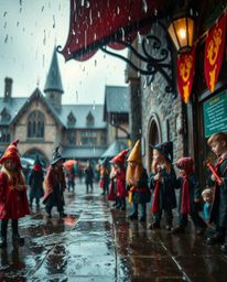 Explore an extreme macro close-up of a wet, rainy scene depicting a magical school brimming with young wizards. This image sh