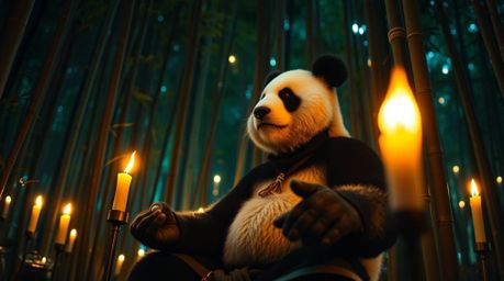 Experience the serenity of a martial artist panda in deep meditation within a tranquil bamboo forest. Bathed in the soft, fli