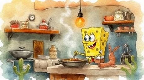 A charming watercolor painting depicts a whimsical sponge character engrossed in cooking within a cozy underwater kitchen.  W