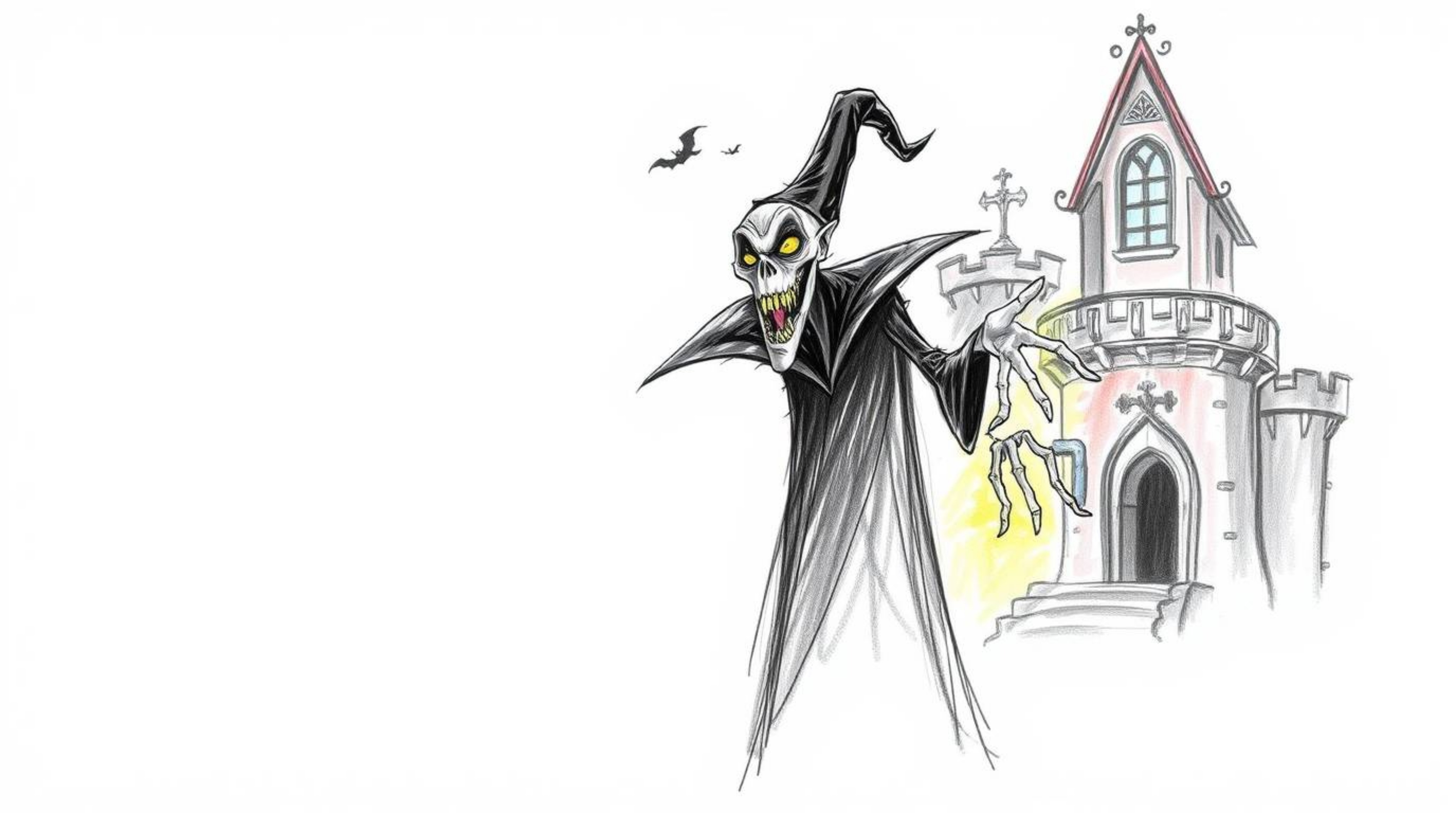 A classic Disney villain with dark eyes and gaunt features casts a spell within a spooky old castle, rendered in a hand-drawn