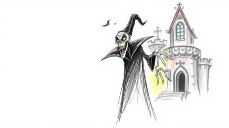A classic Disney villain with dark eyes and gaunt features casts a spell within a spooky old castle, rendered in a hand-drawn
