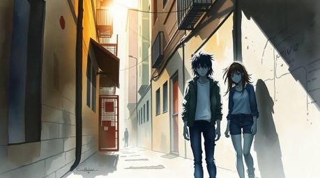 A captivating watercolor painting depicts a grungy city alleyway, silhouetted by a radiant backlighting.  Translucent washes 