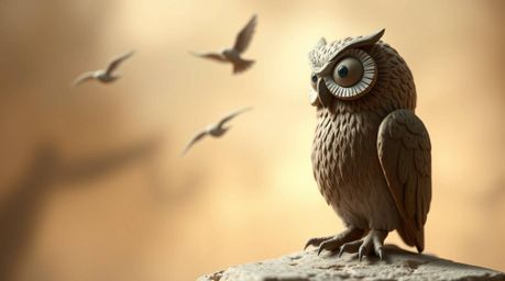Explore a captivating sculptural clay art piece featuring a blind owl, rendered in a Pixar-inspired style, gazing into the wi