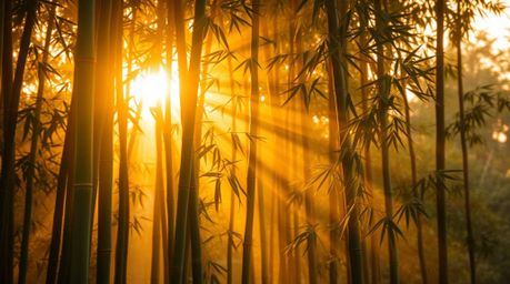 Experience the serene beauty of a bamboo forest at sunset, illuminated by volumetric lighting and a warm, golden glow.  Radia