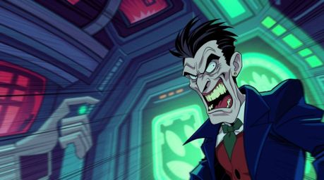 Witness a hilarious meltdown of a pale-skinned villain with exaggerated features in a futuristic lair. This dynamic artwork, 