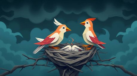 This intricate origami-style illustration depicts two cartoon birds diligently building a nest amidst a backdrop of stormy sk