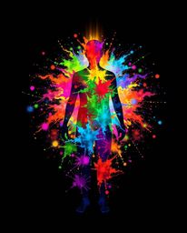 This high-resolution stock photo captures a human silhouette masterfully composed of vibrant, colorful splash patterns in a m