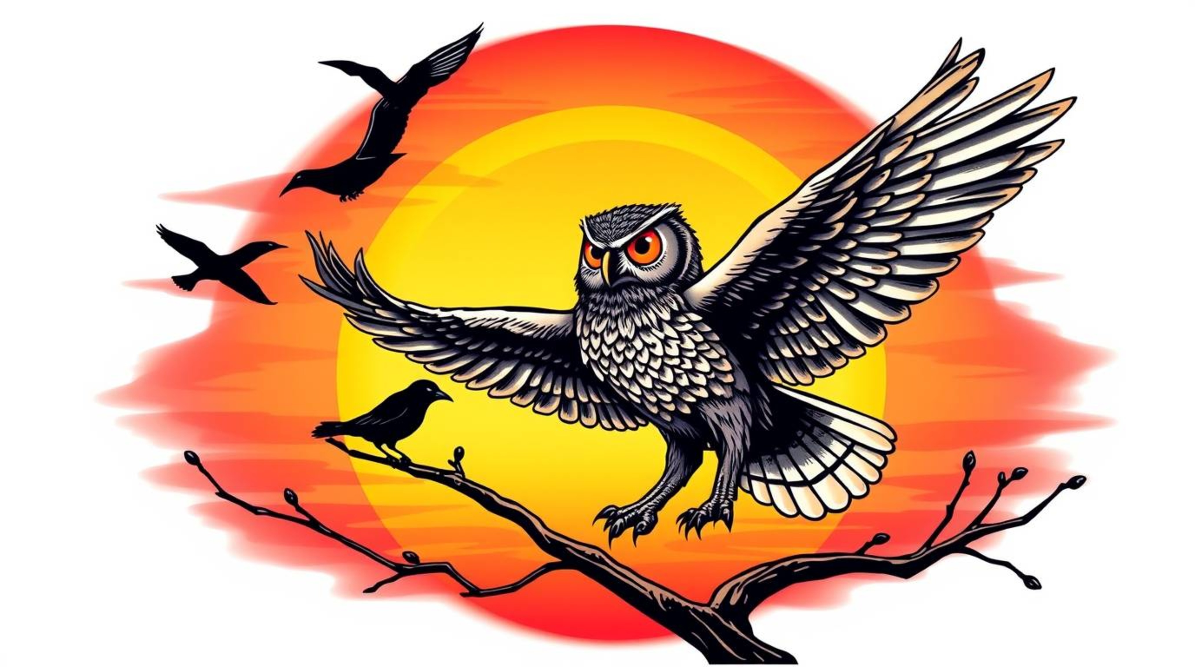 A visually striking image depicting a blind owl, rendered in a Pixar-esque style, teaching birds to fly against a vibrant sun