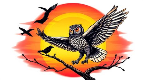A visually striking image depicting a blind owl, rendered in a Pixar-esque style, teaching birds to fly against a vibrant sun