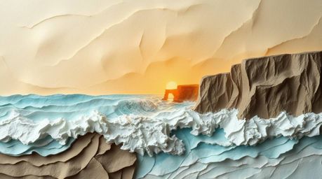 Experience an ethereal and spiritual vibe with this artwork depicting waves crashing on cliffs beneath a blazing sunset. The 