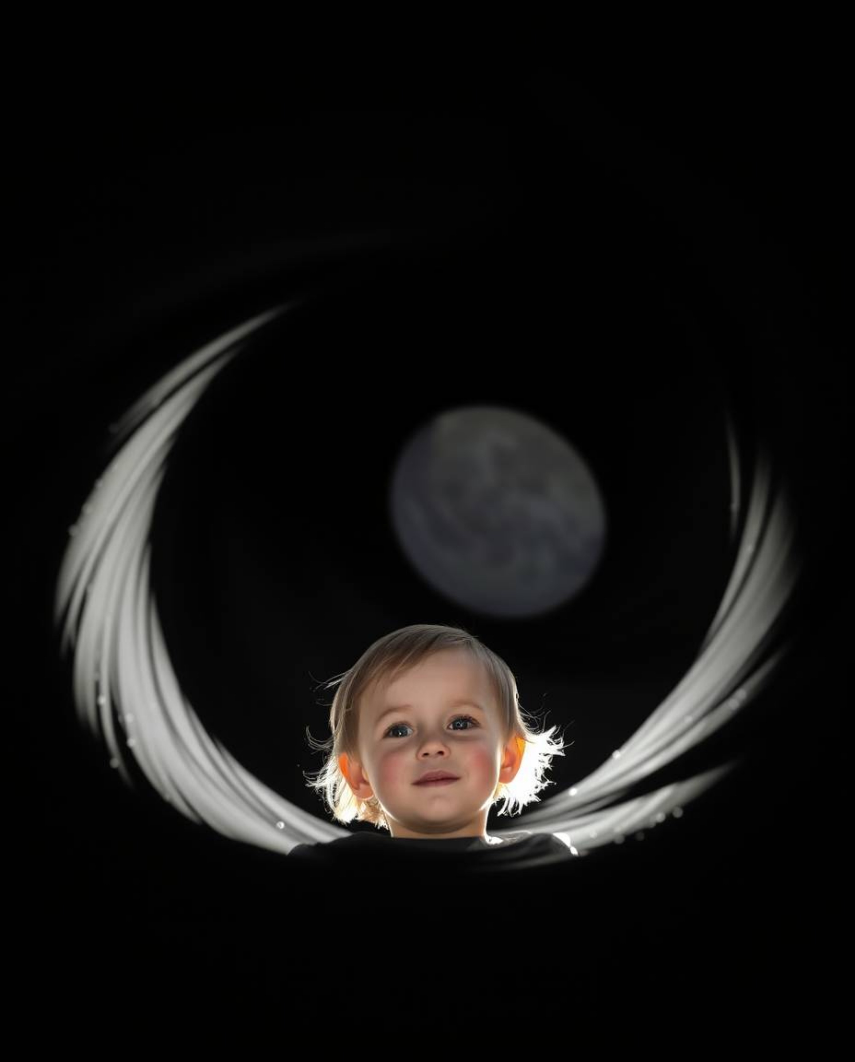 A curious child stumbles upon a swirling, jet-black portal in their backyard, bathed in dramatic light and shadow. This capti