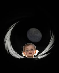 A curious child stumbles upon a swirling, jet-black portal in their backyard, bathed in dramatic light and shadow. This capti