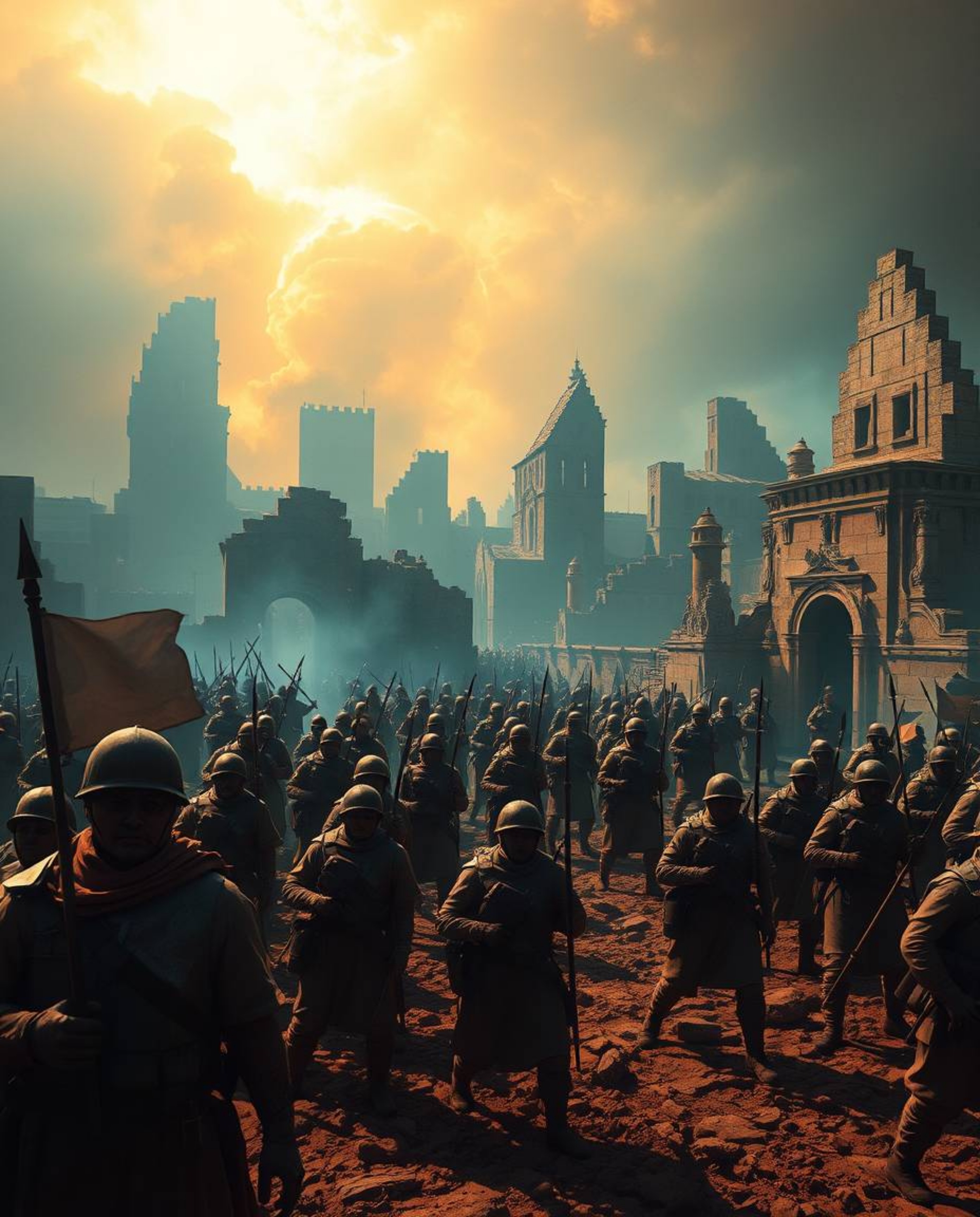 Experience a visually stunning high-contrast image depicting a battlefield ravaged by time, featuring soldiers and decaying s