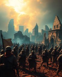 Experience a visually stunning high-contrast image depicting a battlefield ravaged by time, featuring soldiers and decaying s